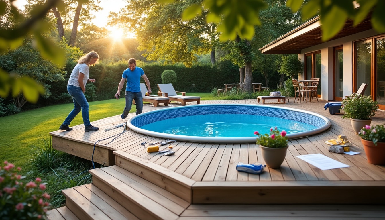 Illustration: Guide d’installation d’une piscine hors sol en lien avec une terrasse